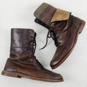 Ugg Larus Fold Over Boot Mens 12 Brown Leather Plaid Lace Up Combat Logger Biker